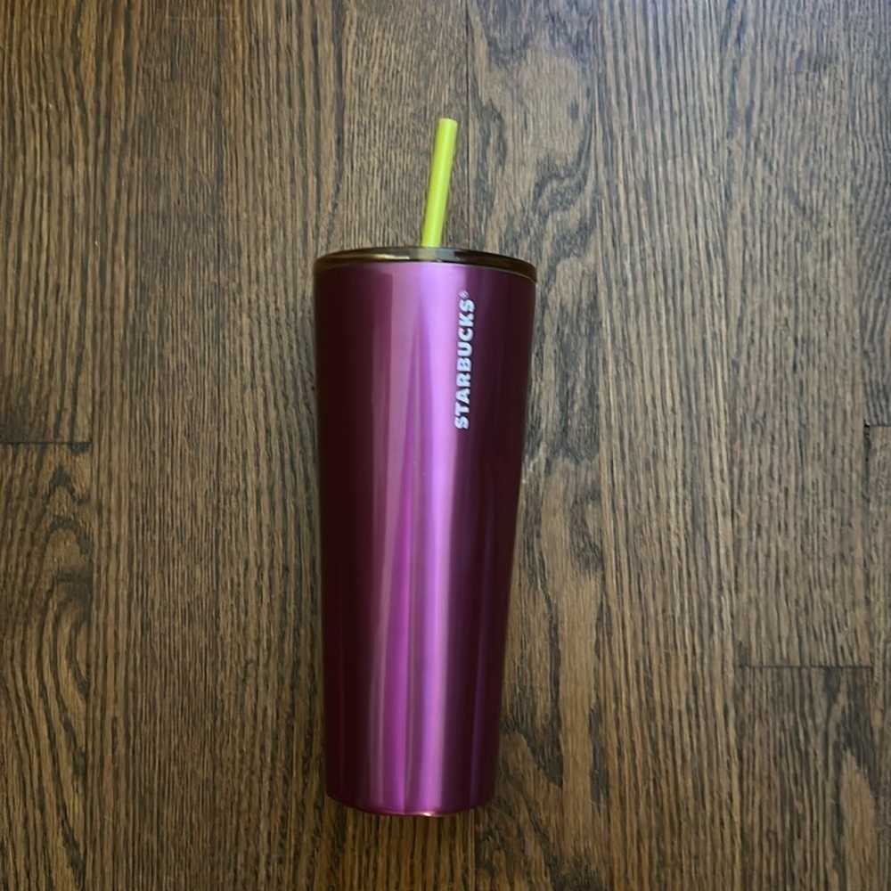 Starbucks 24Oz Pink and Yellow Metal cup with Straw Brand New